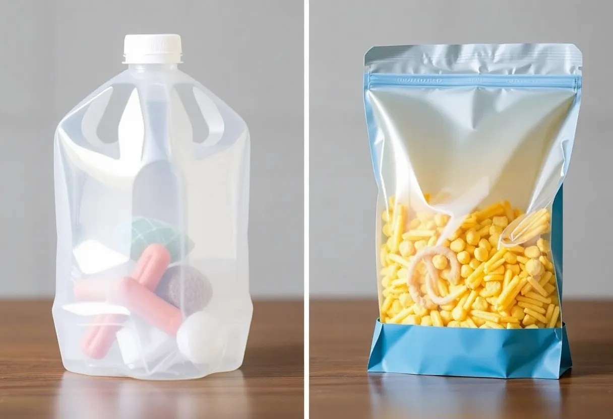 Array of sustainable alternative packaging materials including glass, paper, metal, and compostable materials arranged for comparison