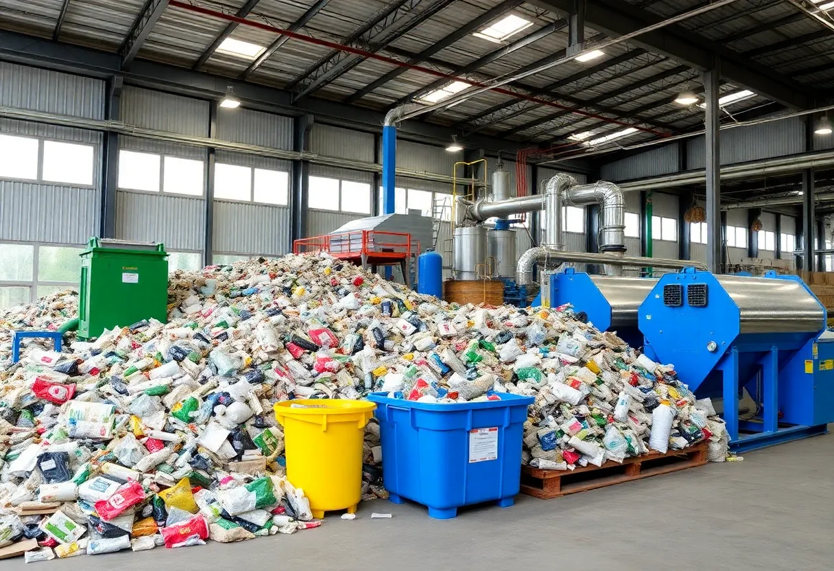 Large industrial recycling facility sorting conveyor belts processing mixed plastic waste streams