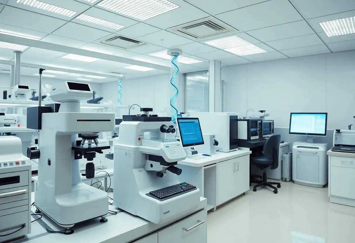 Advanced genomics sequencing laboratory with automated equipment analyzing DNA samples for medical research