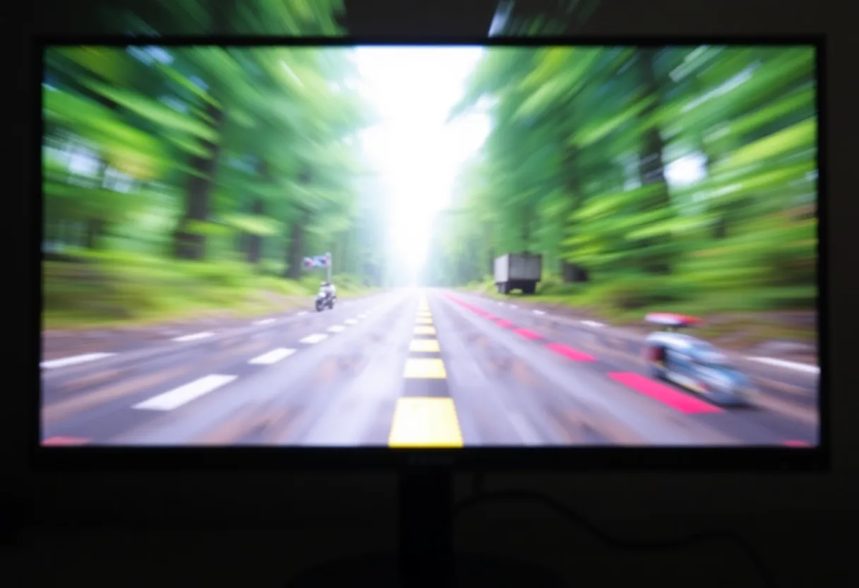 Side by side monitor comparison showing smooth high refresh rate gameplay versus blurry lower refresh rate display