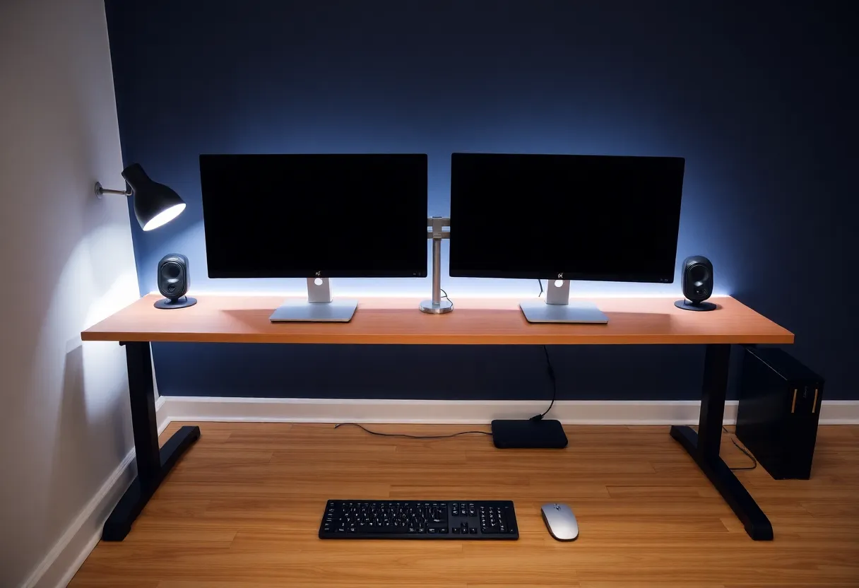 Clean professional workspace with dual monitors showing code editor and documents for productivity work