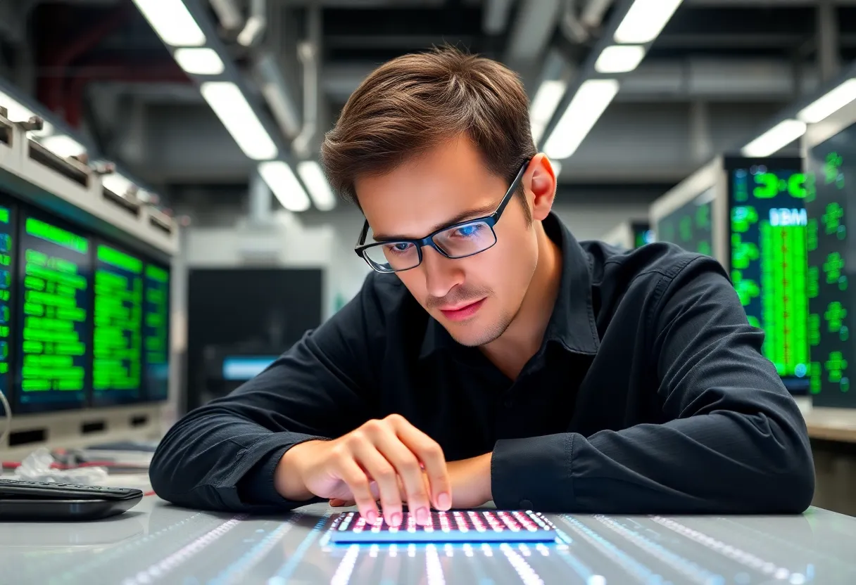 Quantum computing research lab scientist examining superconducting quantum processor chip