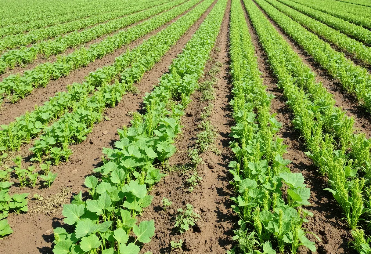 Healthy agricultural field with cover crops and diverse plant species representing regenerative farming practices