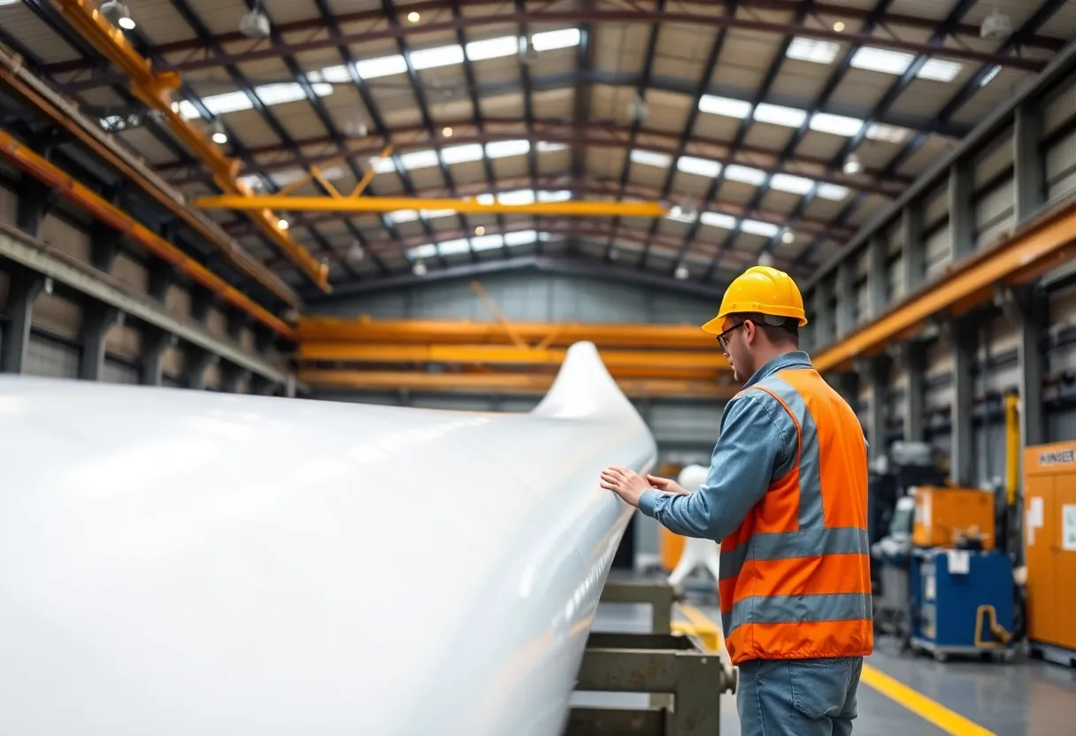 Engineer inspecting large wind turbine blade in manufacturing facility with composite material visible