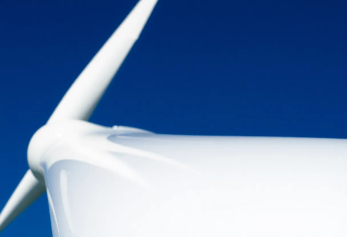 Close up of wind turbine blade surface showing the composite material layup and structural design at blade root