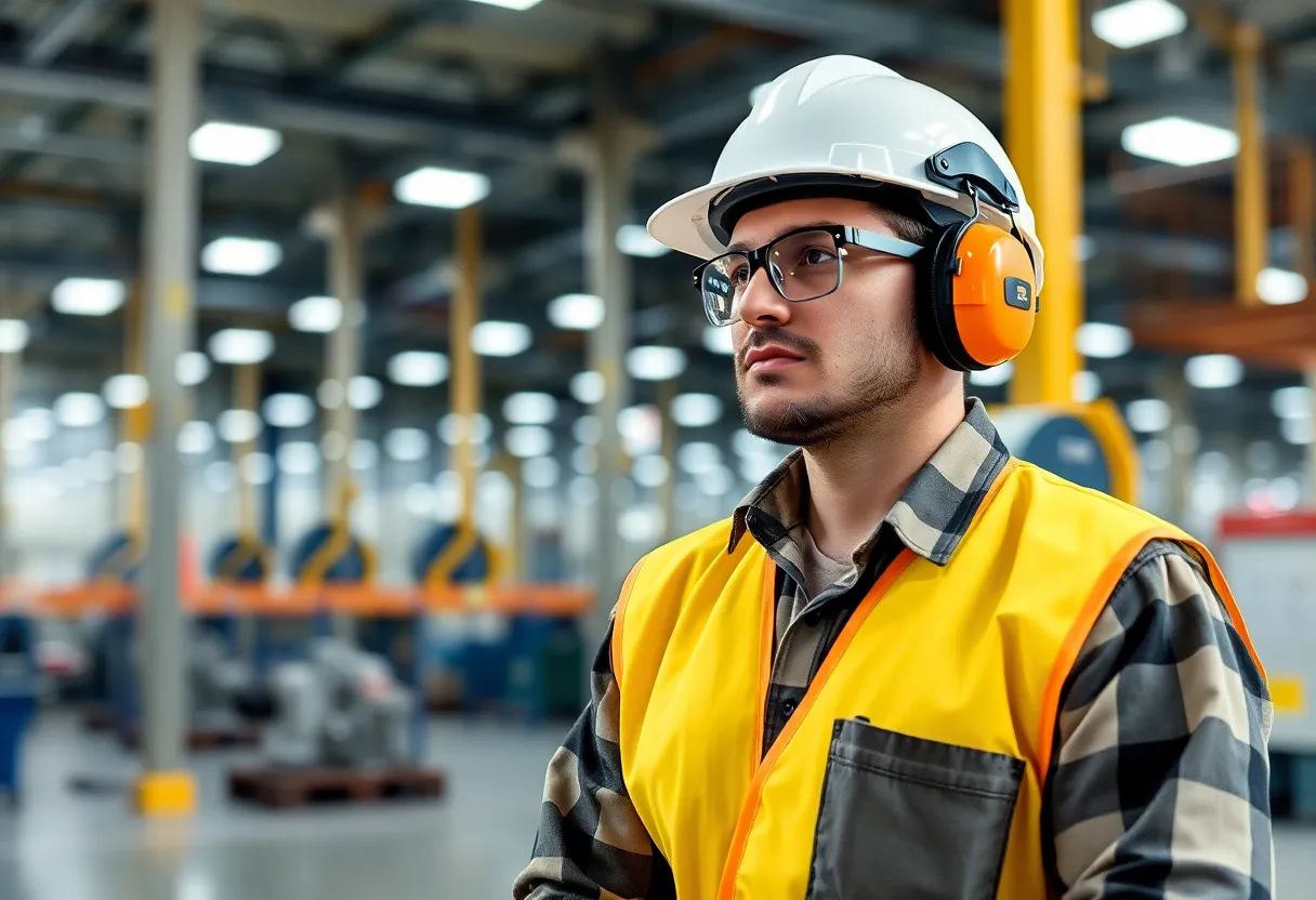 Industrial worker wearing electronic active hearing protection earmuffs in loud manufacturing environment