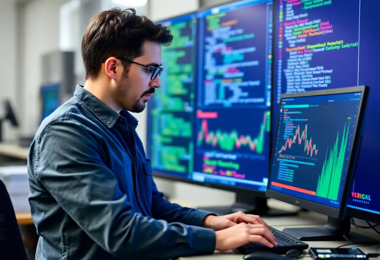 Software engineer comparing performance benchmarks for systems programming microservices architecture