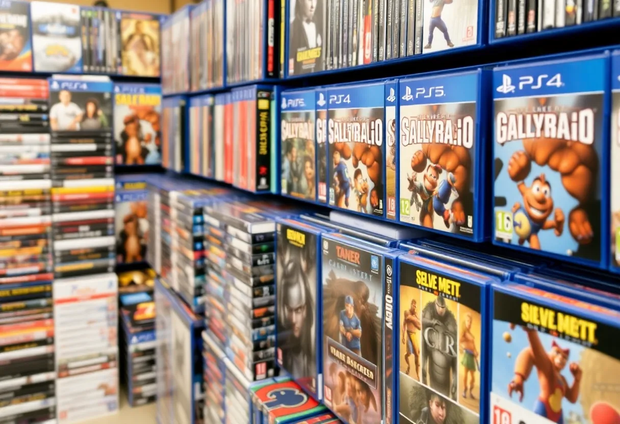 Second hand video game shop with shelves of used physical games for resale
