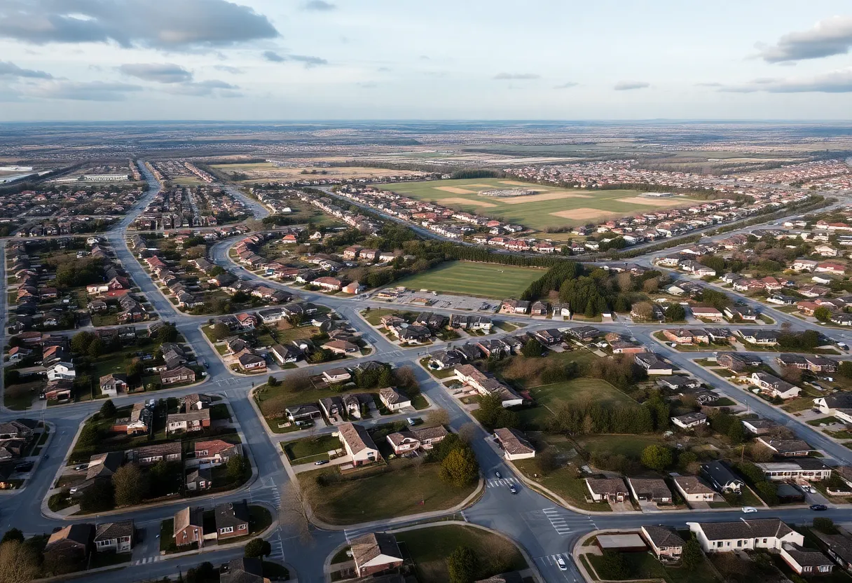 Aerial view of low-density suburban sprawl showing cul-de-sacs and single-family homes spread across large land area