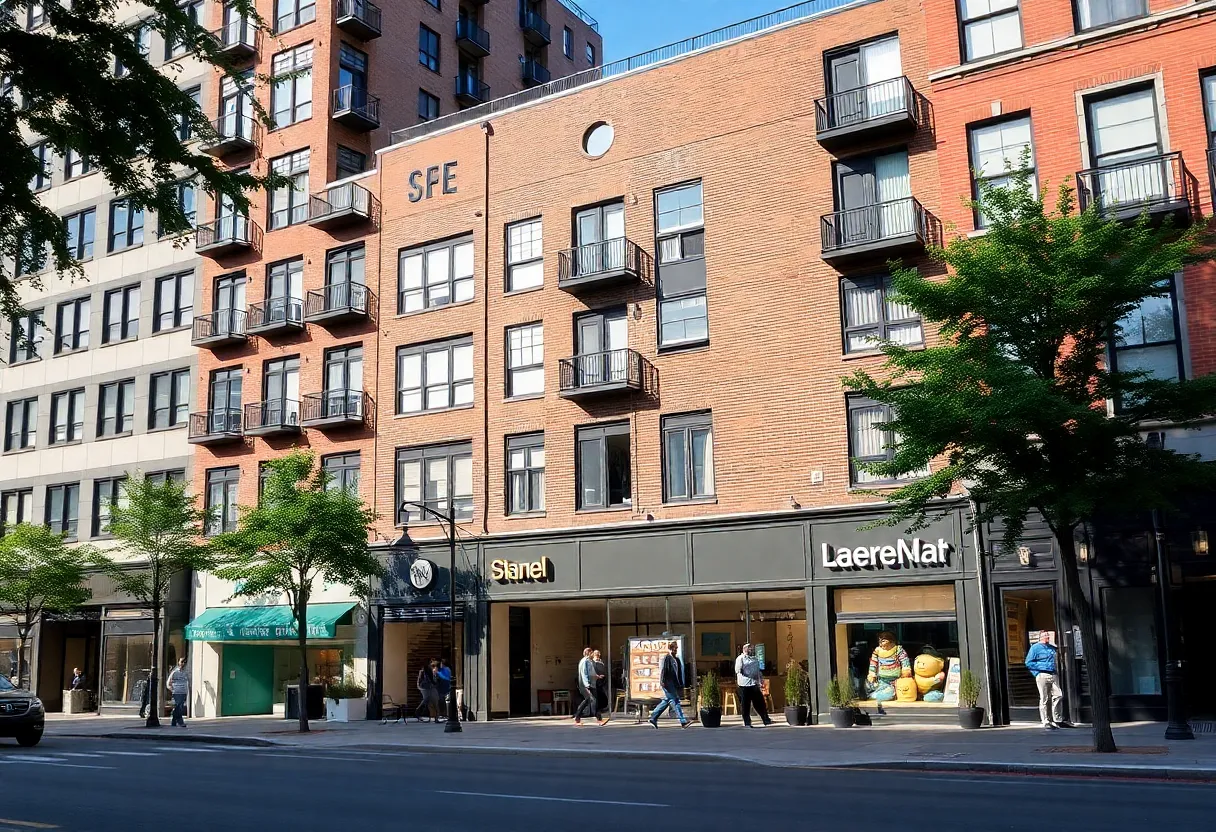 Mixed-use urban building with retail shops at street level and apartments above on active pedestrian street