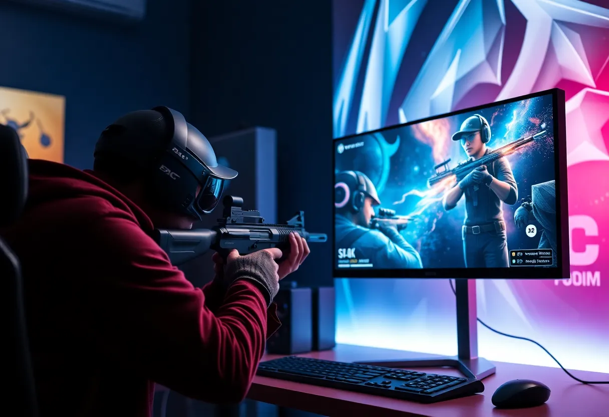 Competitive esports gamer at PC setup with high refresh rate gaming monitor playing FPS