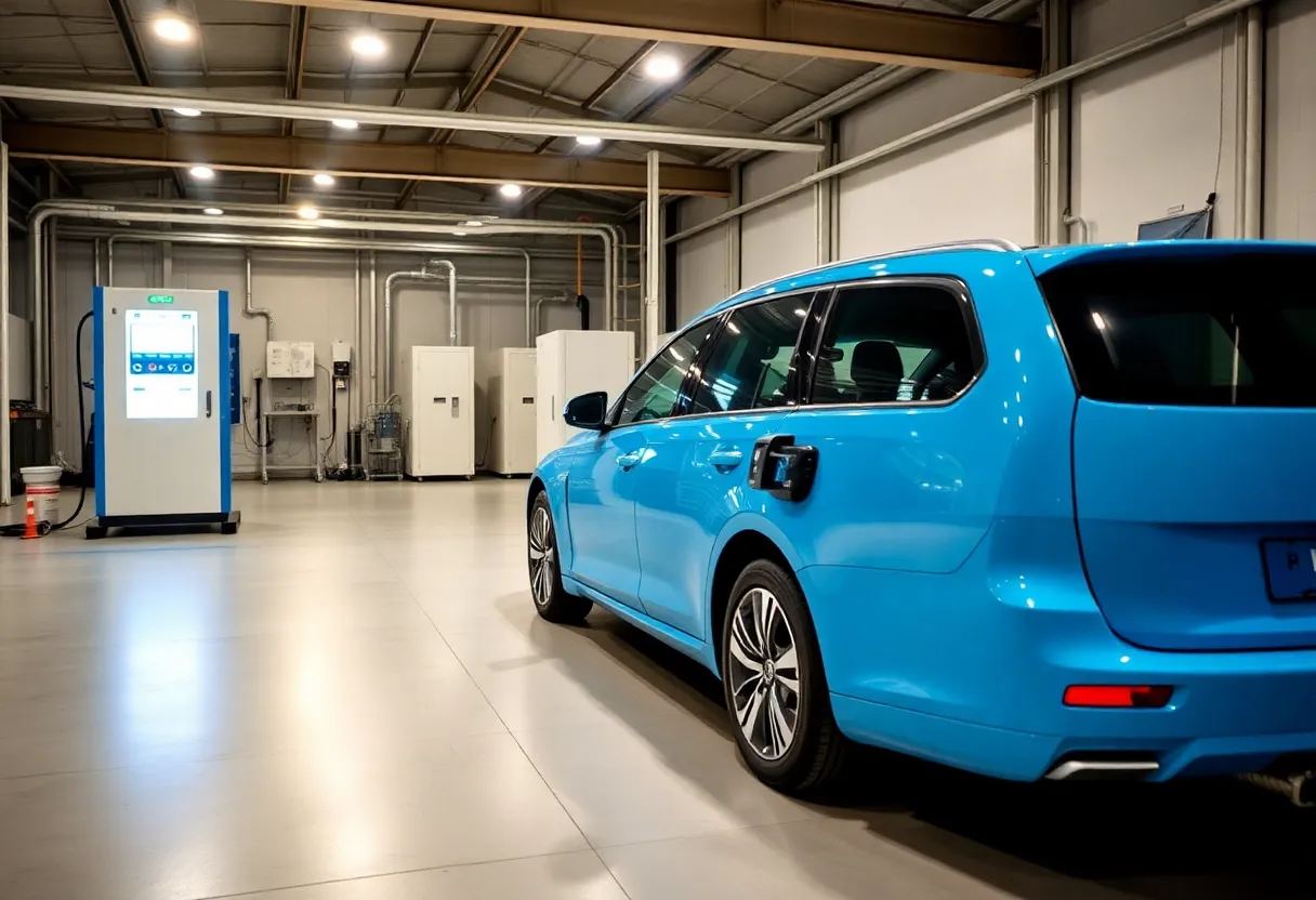 Hydrogen fuel cell vehicle FCEV at refuelling station green hydrogen production plant