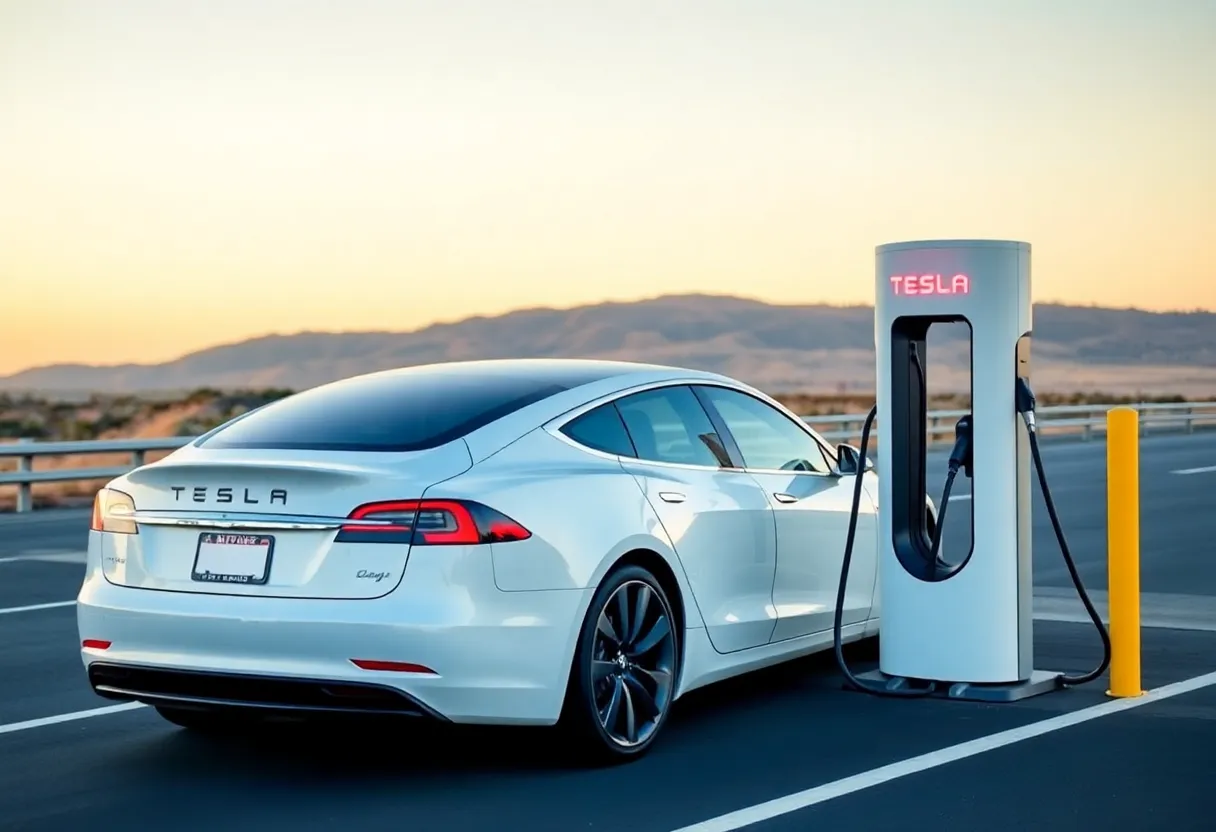 Electric vehicle charging at highway supercharger station for long distance road trip