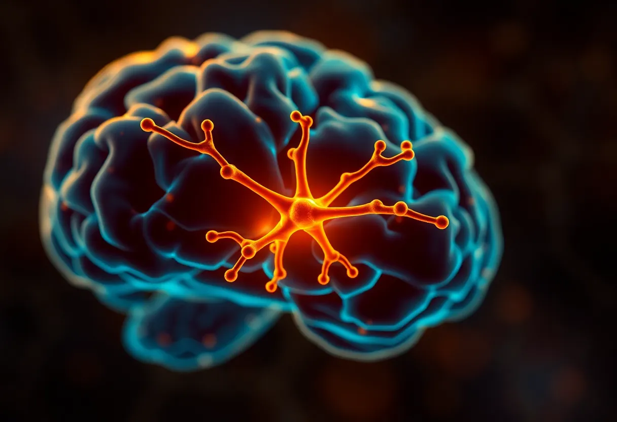 Neuroscience visualization of brain showing caffeine molecules blocking adenosine receptors to prevent tiredness signals