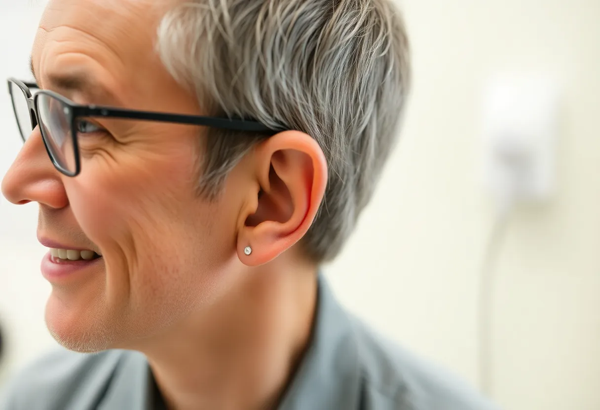 Person wearing hearing aid in-ear audiologist clinic accessibility wireless audio