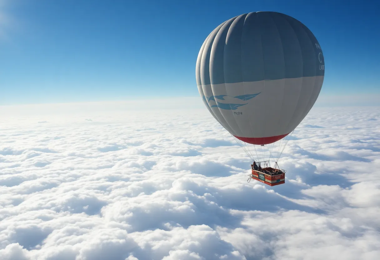 Large scientific stratospheric balloon floating in the stratosphere above cloud layer with Earth visible below