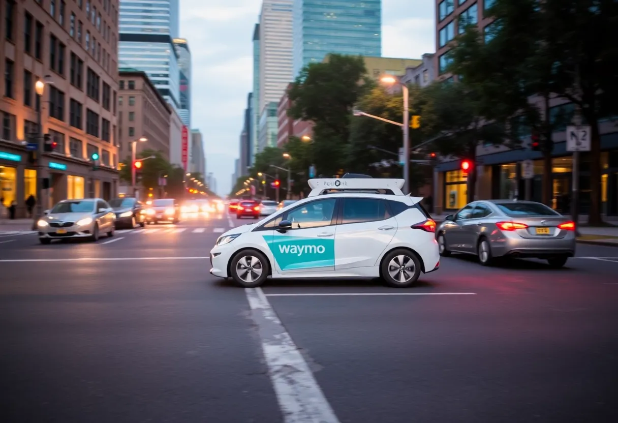 Waymo autonomous robotaxi driverless car navigating city street without driver