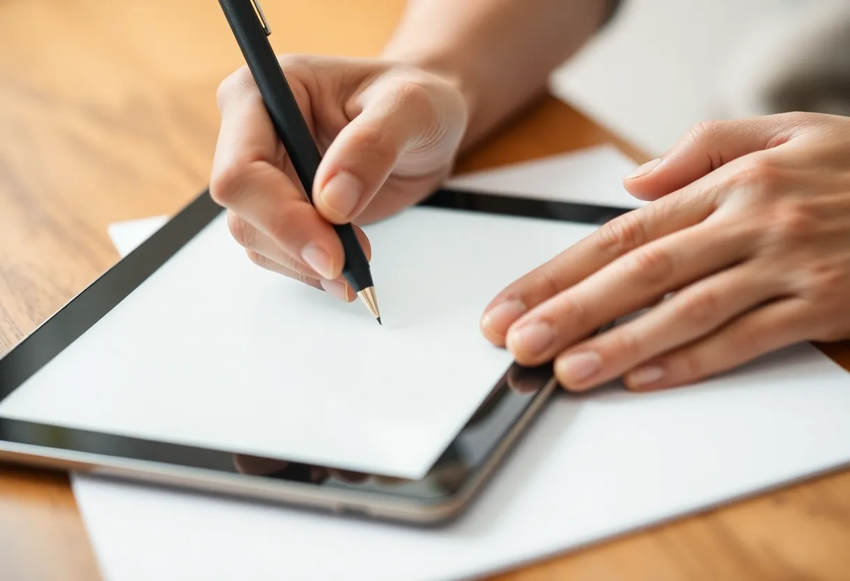 Person writing notes on e-ink tablet with stylus focused digital note-taking