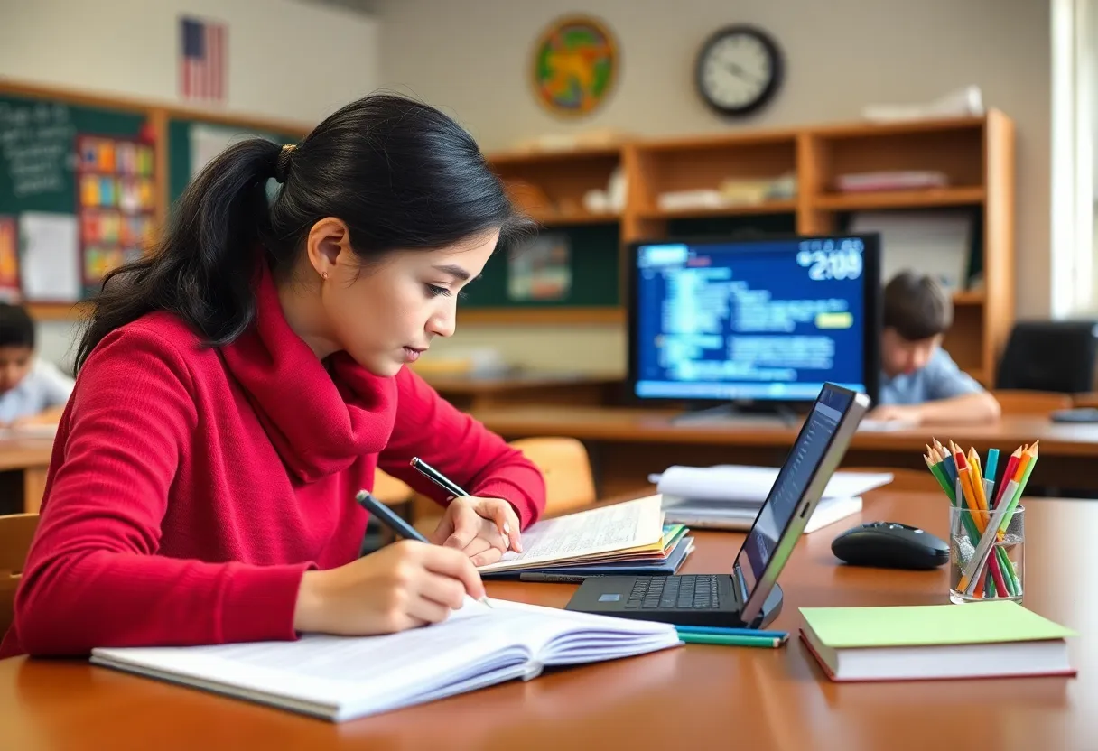 Teacher reviewing AI essay feedback grading student papers classroom