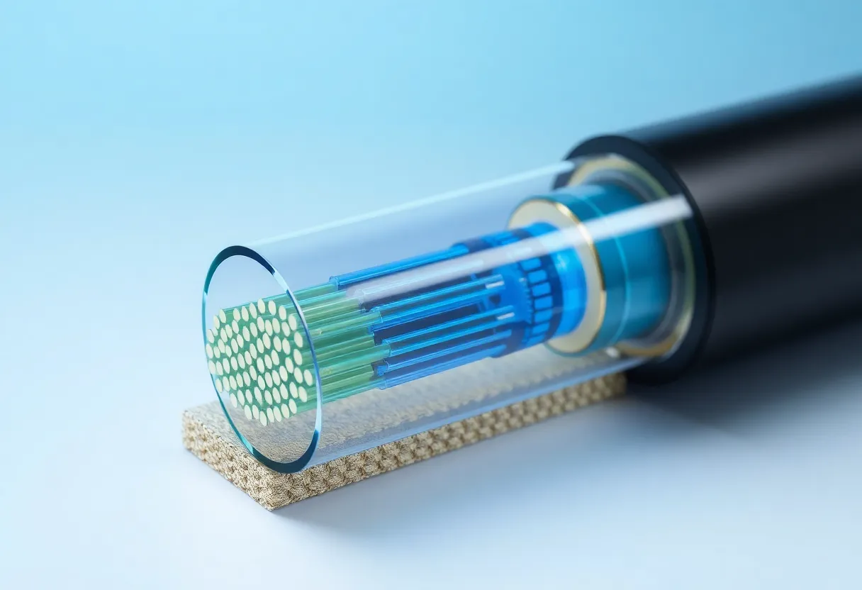 Cross-section diagram of submarine internet cable showing fiber optic strands copper power conductor and protective armoring layers