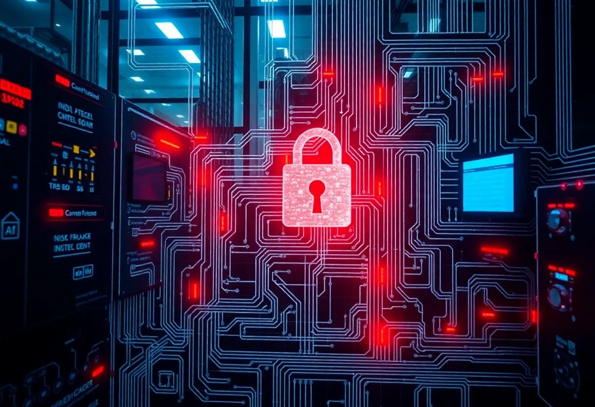 Industrial control system network diagram showing potential cyber attack pathways through connected SCADA and IT systems