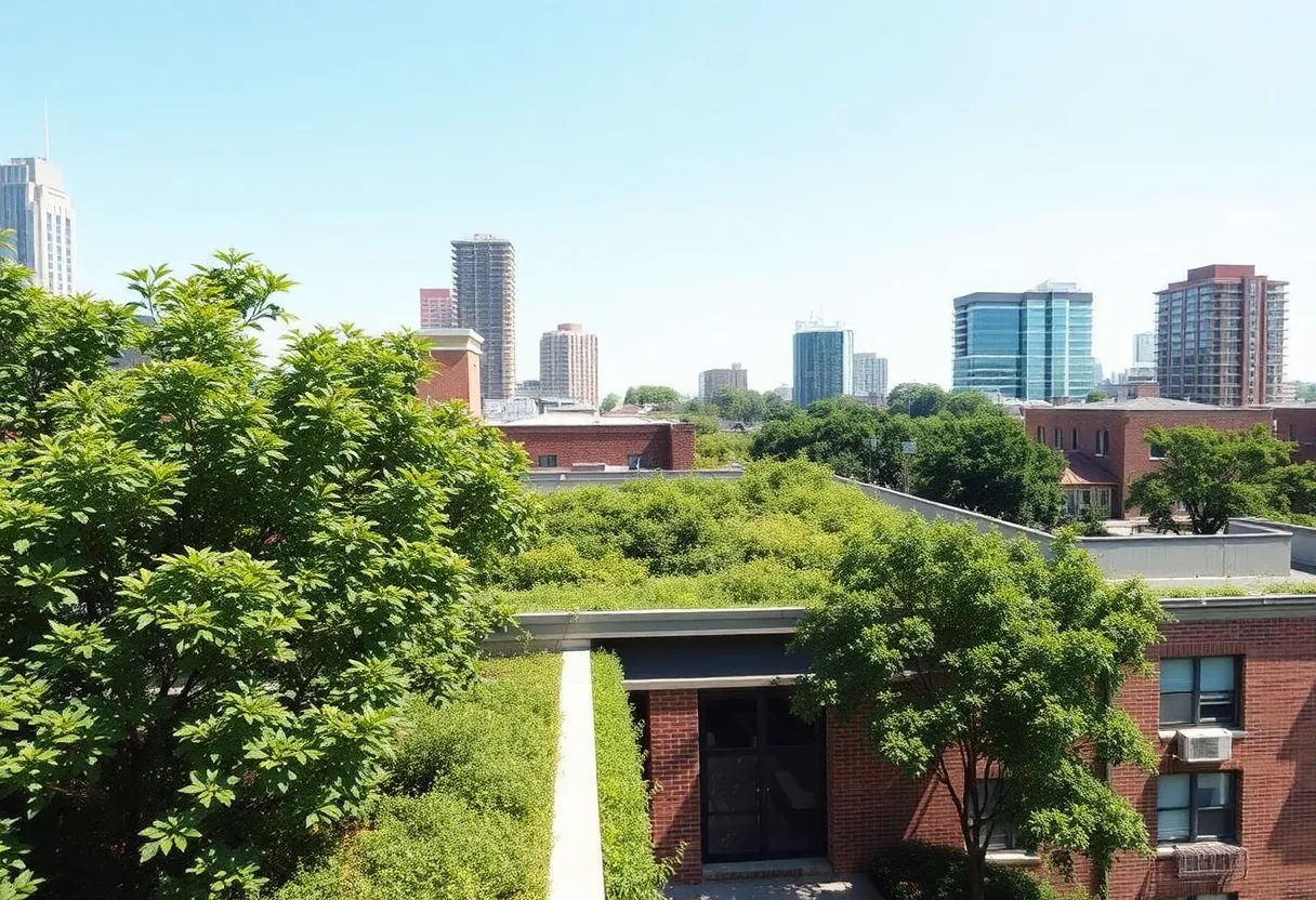 Urban park with trees and green spaces providing cooling shade contrast to hot concrete buildings in city heat island