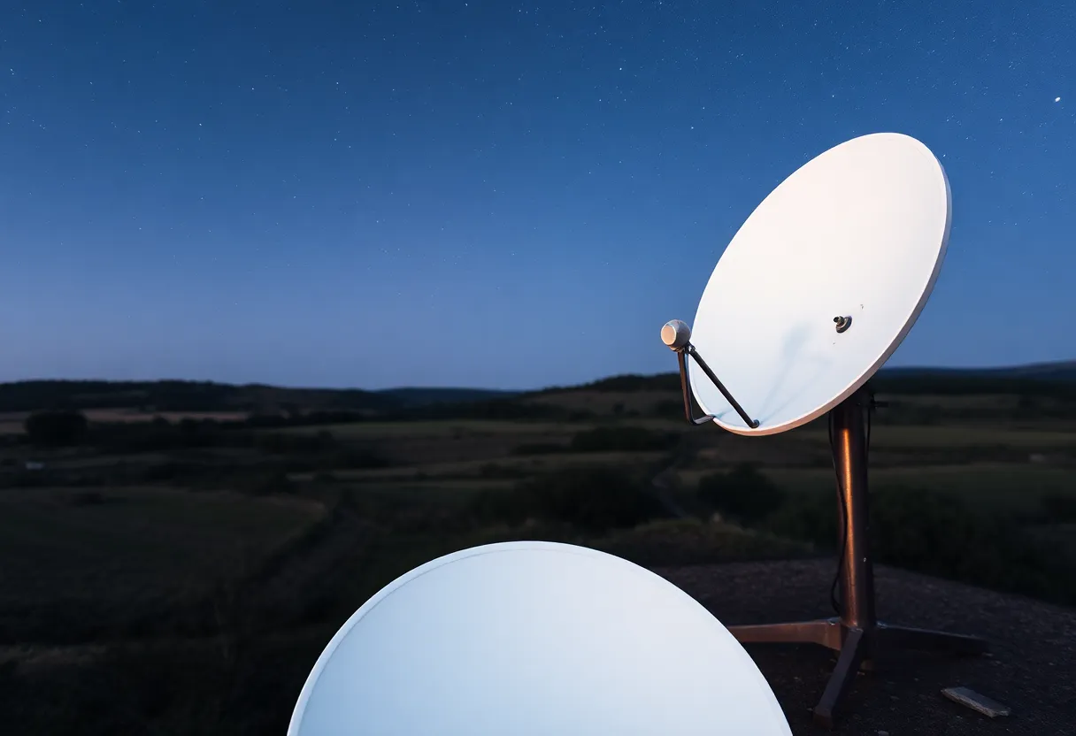 Starlink satellite dish terminal antenna installed on rural building connecting to low Earth orbit internet constellation