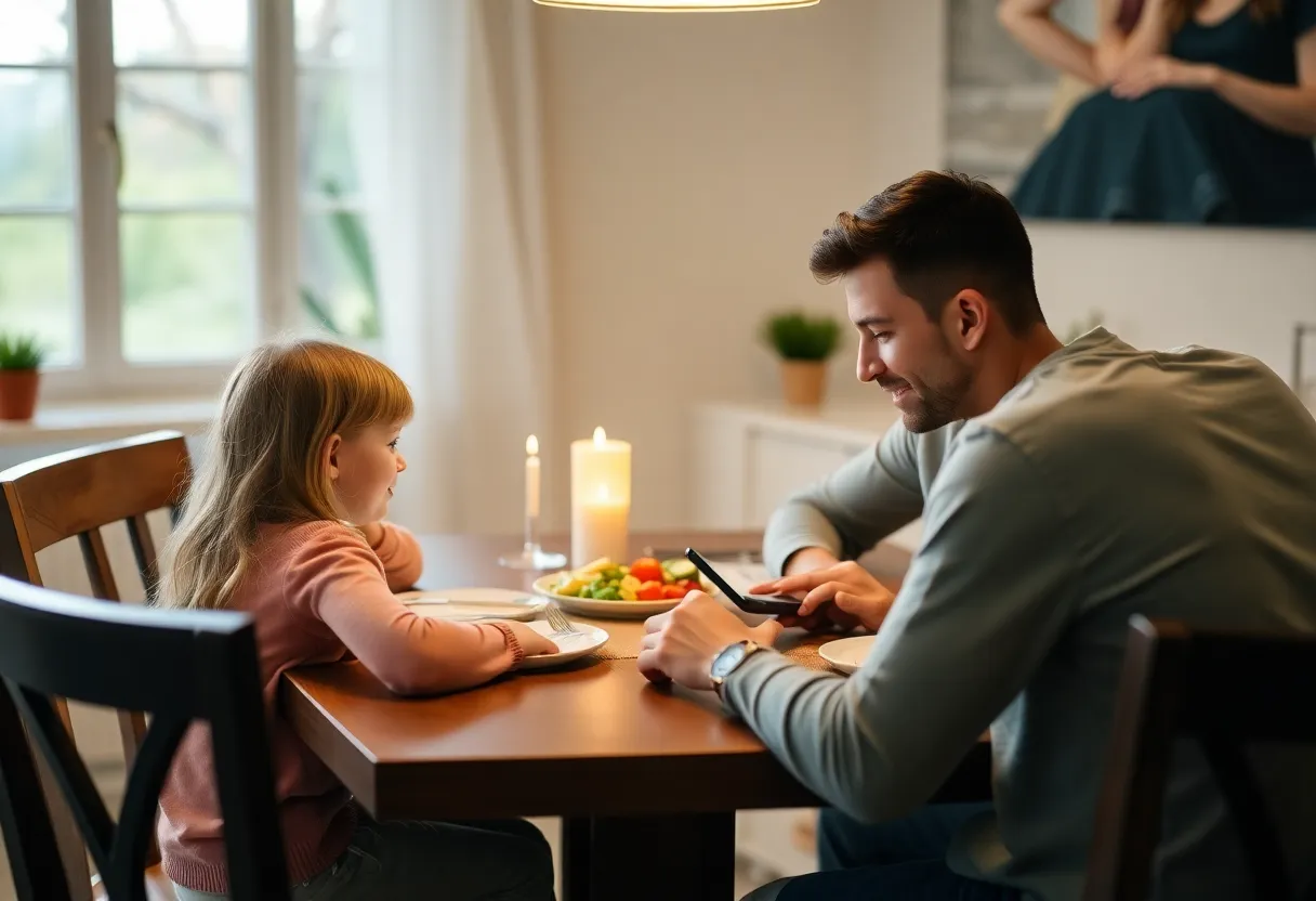 Parent and child discussing screen time management at home with devices showing importance of family digital wellbeing conversations