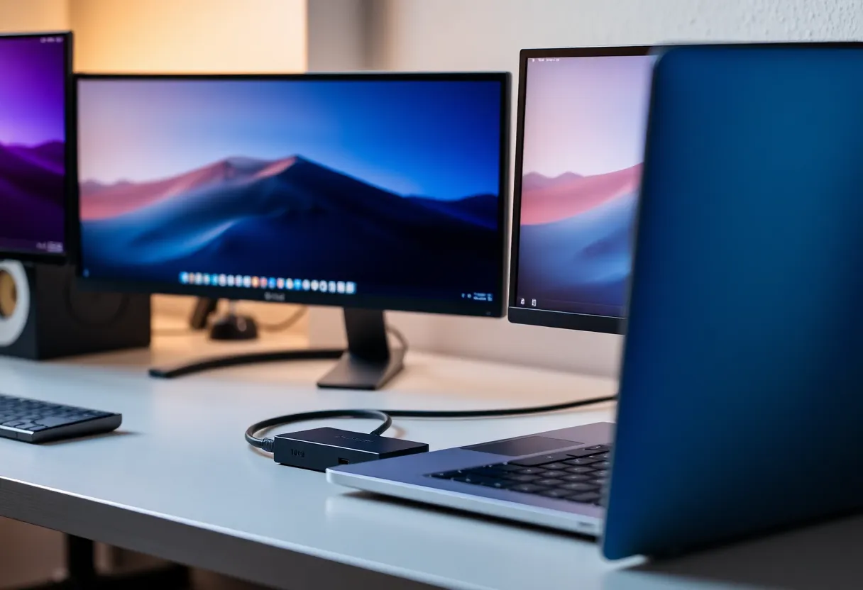 Thunderbolt 4 dock hub multiple monitor laptop connected desk setup
