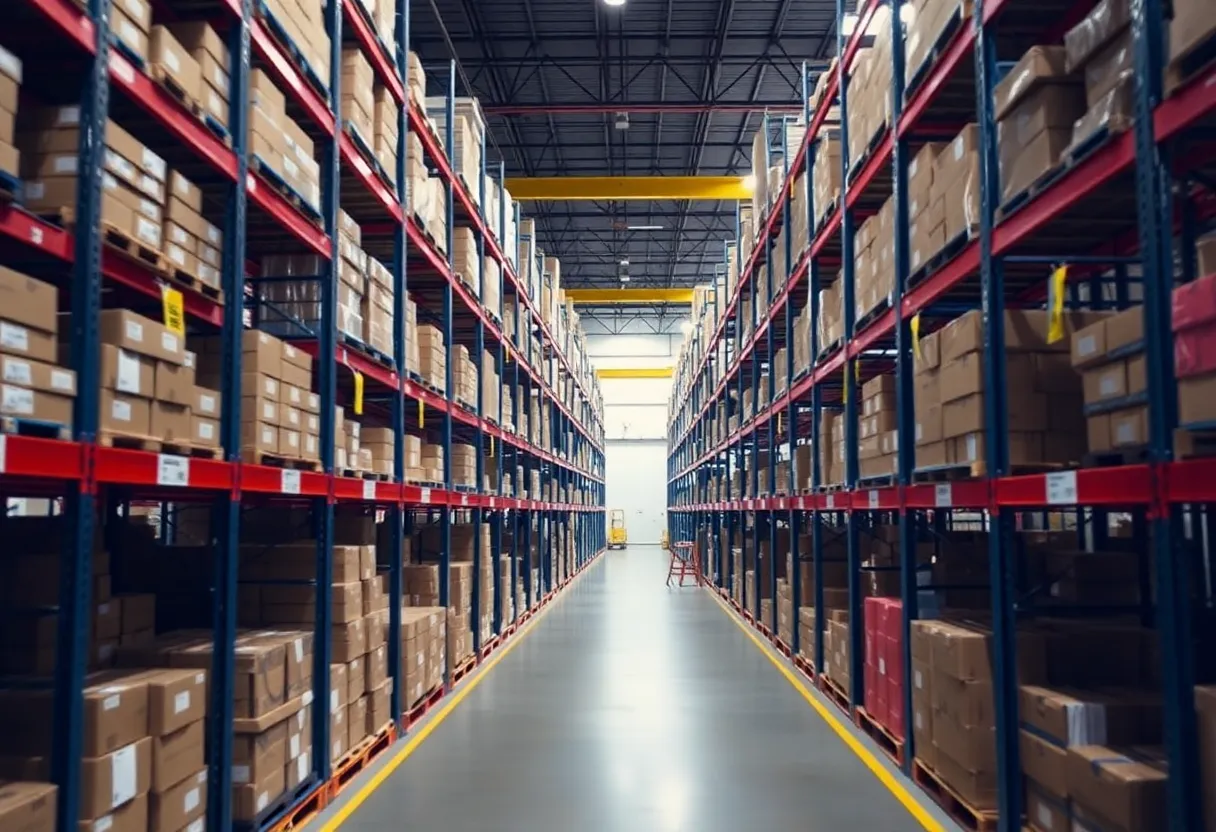 Supply chain disruption showing empty warehouse shelves and stalled production line due to component shortage logistics failure