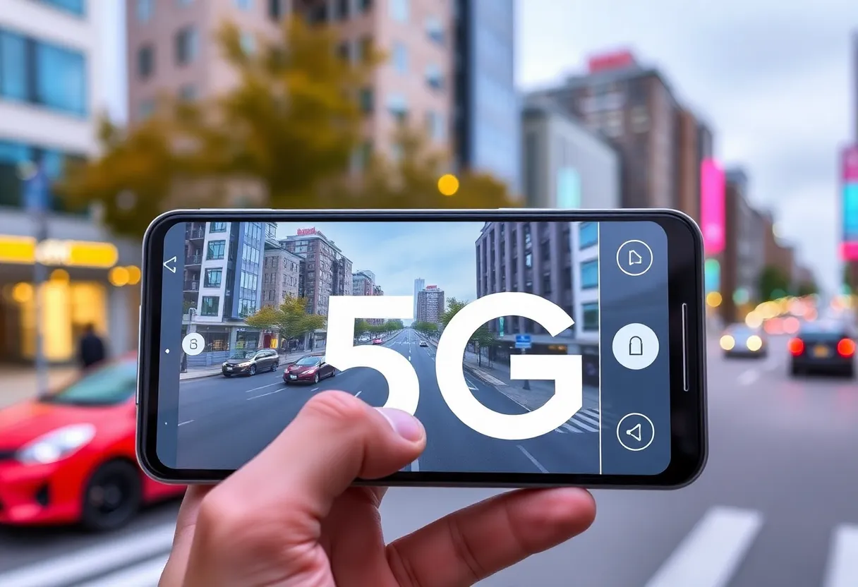 Smartphone 5G speed test fast mobile network data streaming urban city