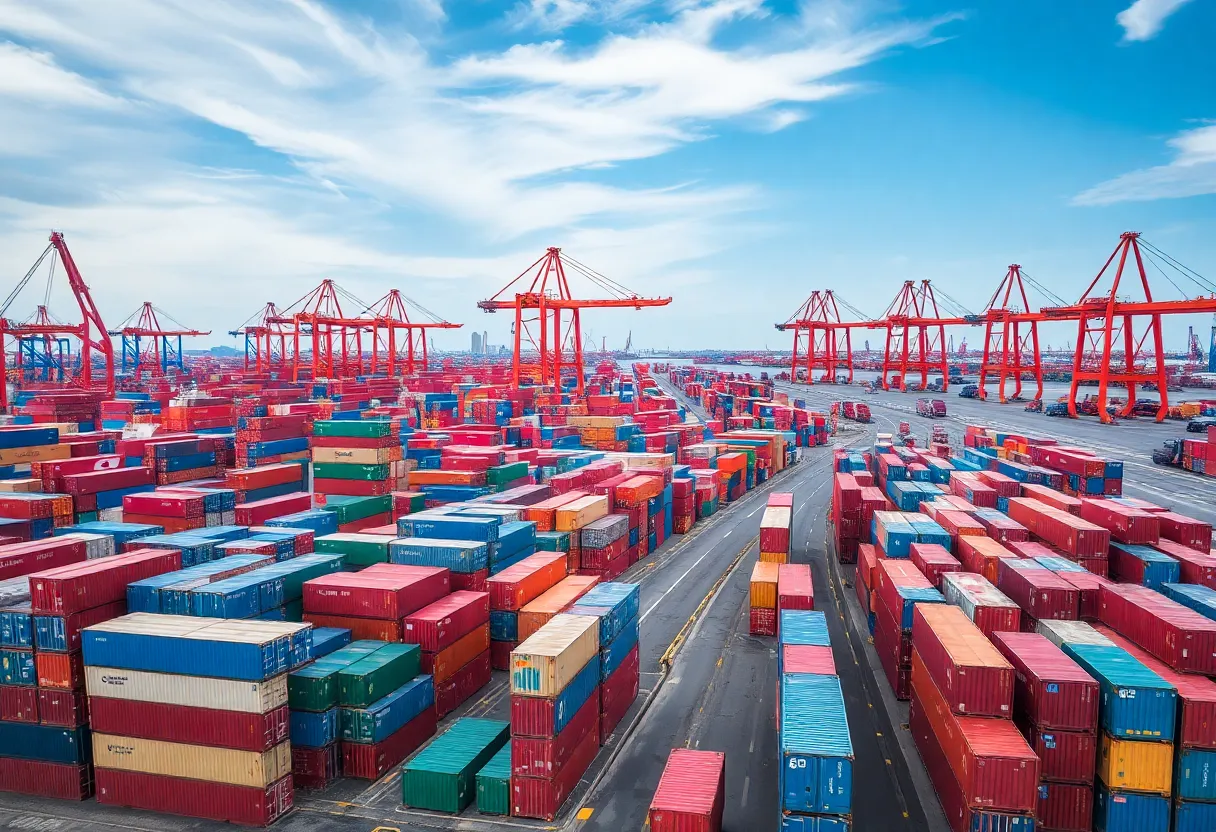 Aerial view of stacked colourful shipping containers in a port yard showing the scale of modern container logistics