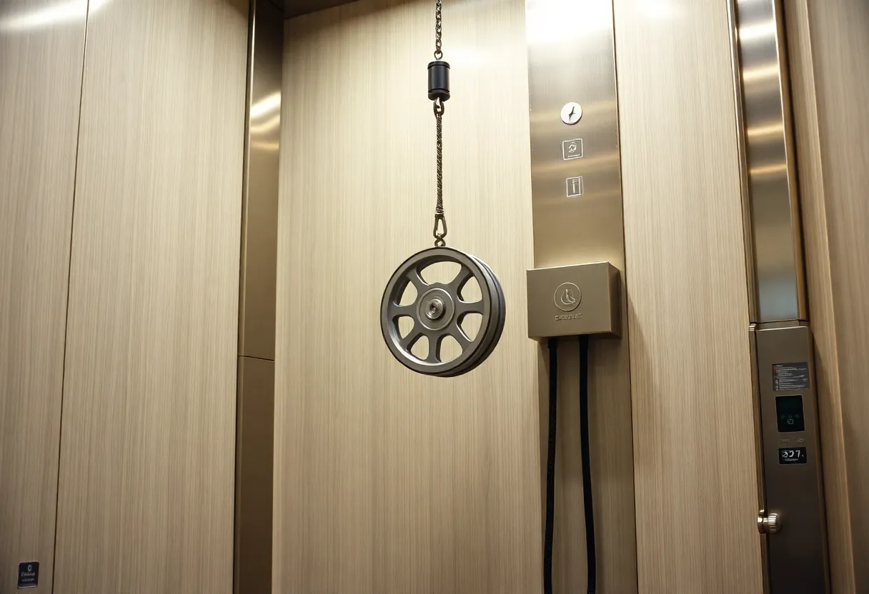 Elevator machine room traction drive counterweight cable pulley mechanical system