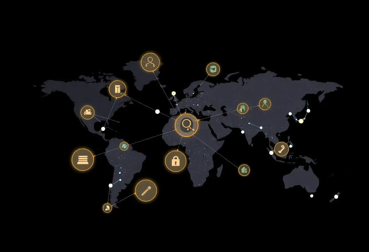 Abstract visualization of interconnected tech platforms and digital economy networks representing market concentration
