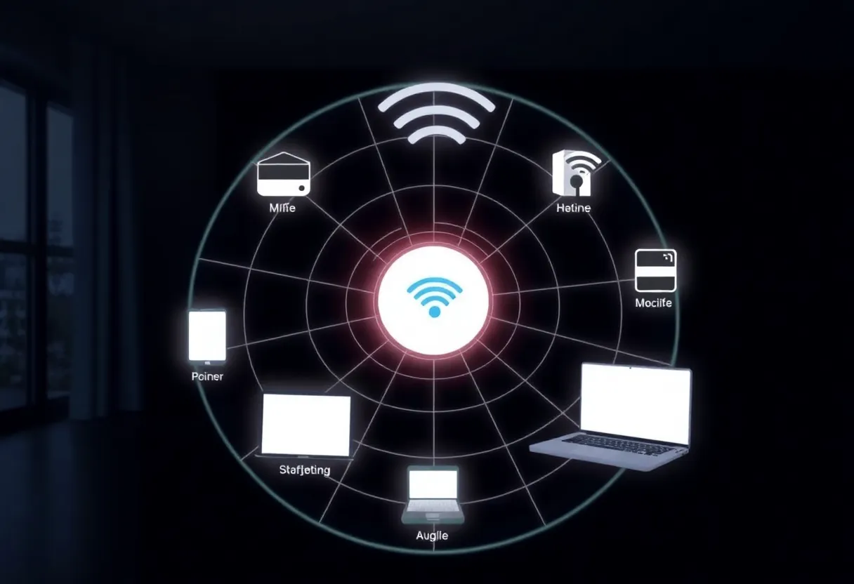 Mesh WiFi network covering a modern home with multiple devices connected