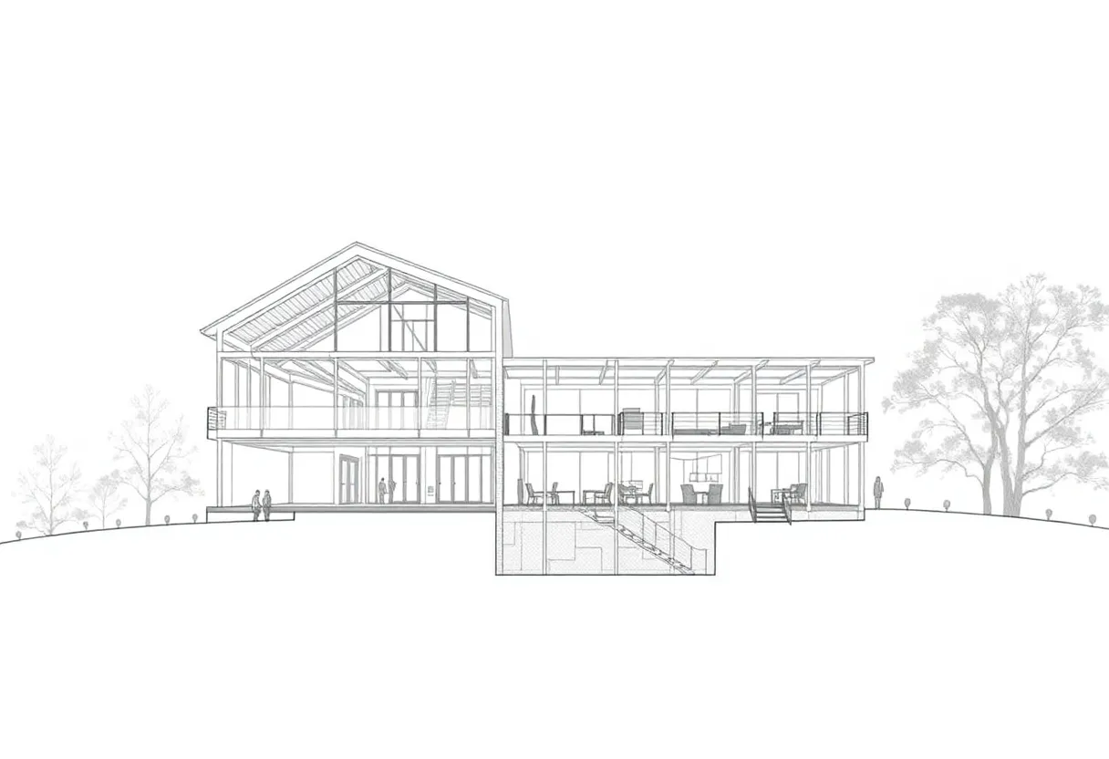 Architectural blueprint and structural engineering cross-section diagram showing foundation and seismic design elements