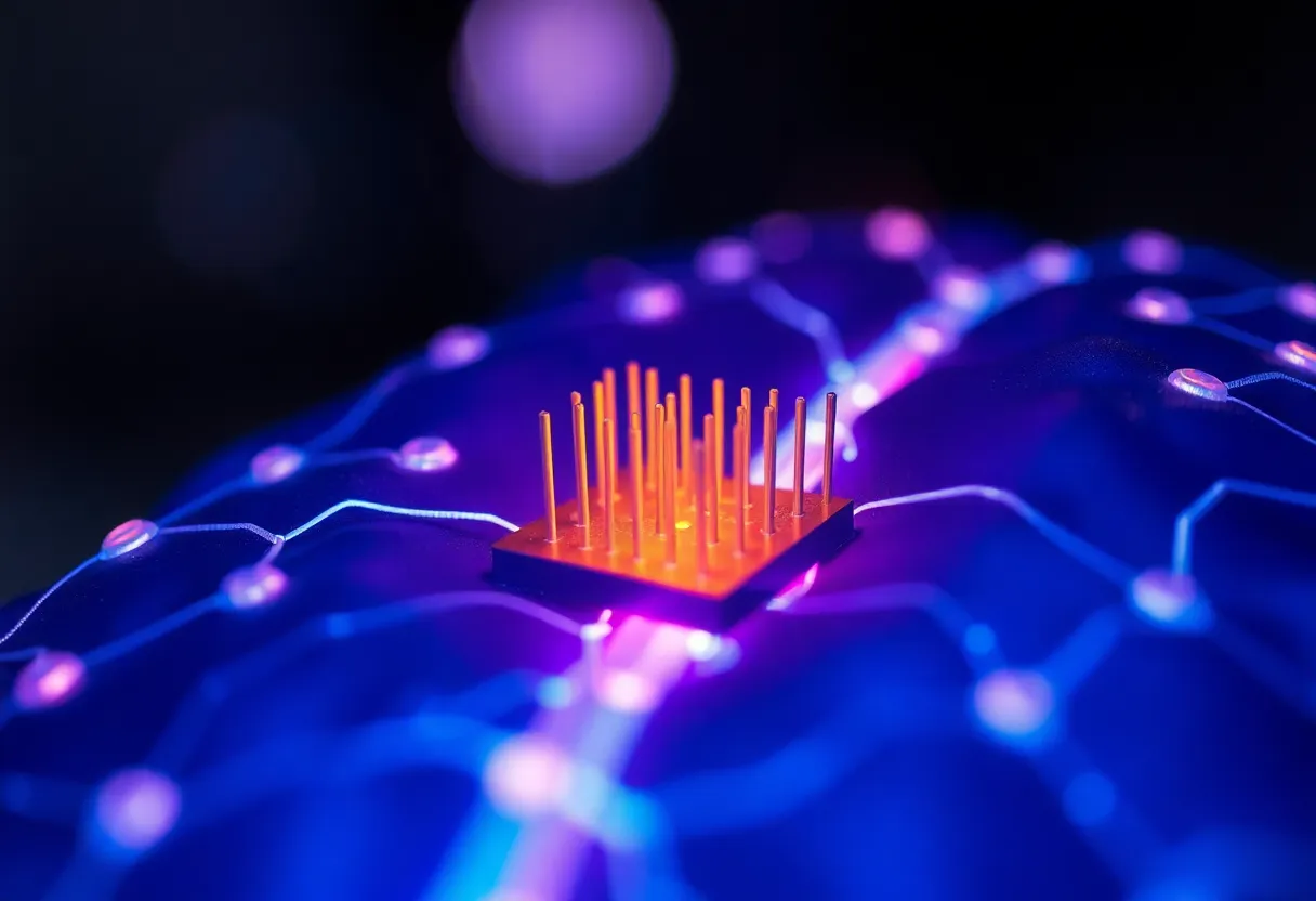 Close-up of neural microelectrode array used in brain-computer interface research, showing electrode tips and substrate