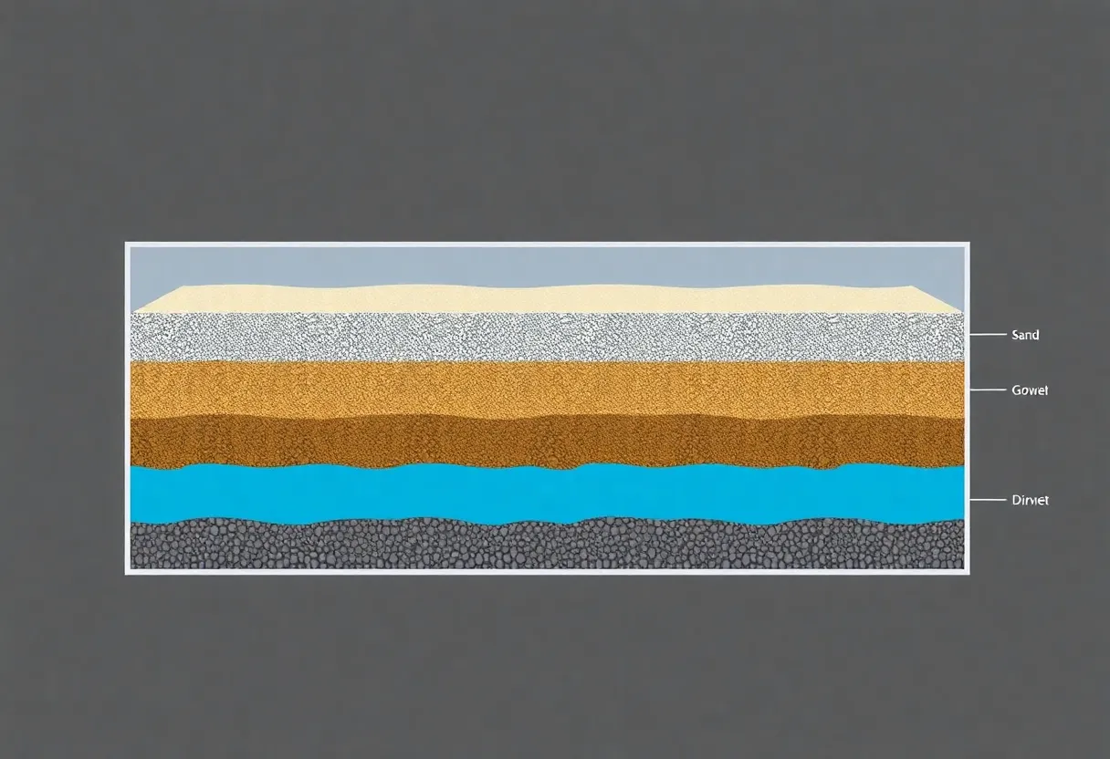 Cross-section diagram of water filtration layers including sand, gravel, and activated carbon