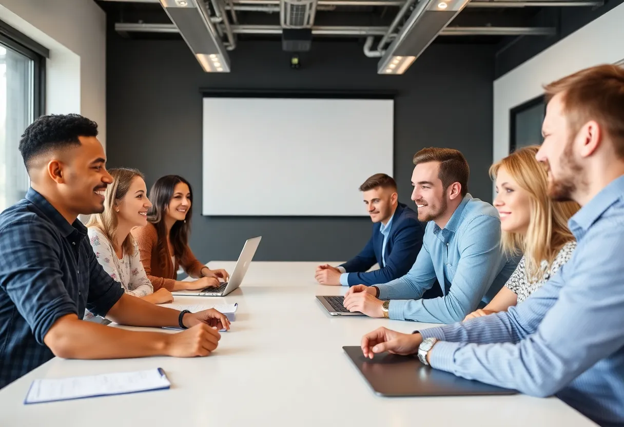 Diverse group of professionals collaborating in an inclusive workplace boardroom setting