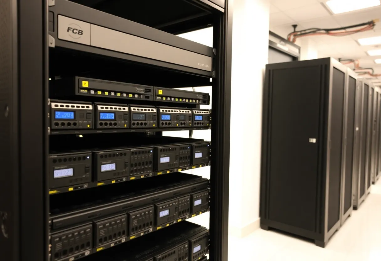 Data center server rack filled with high-capacity hard drives for large-scale storage
