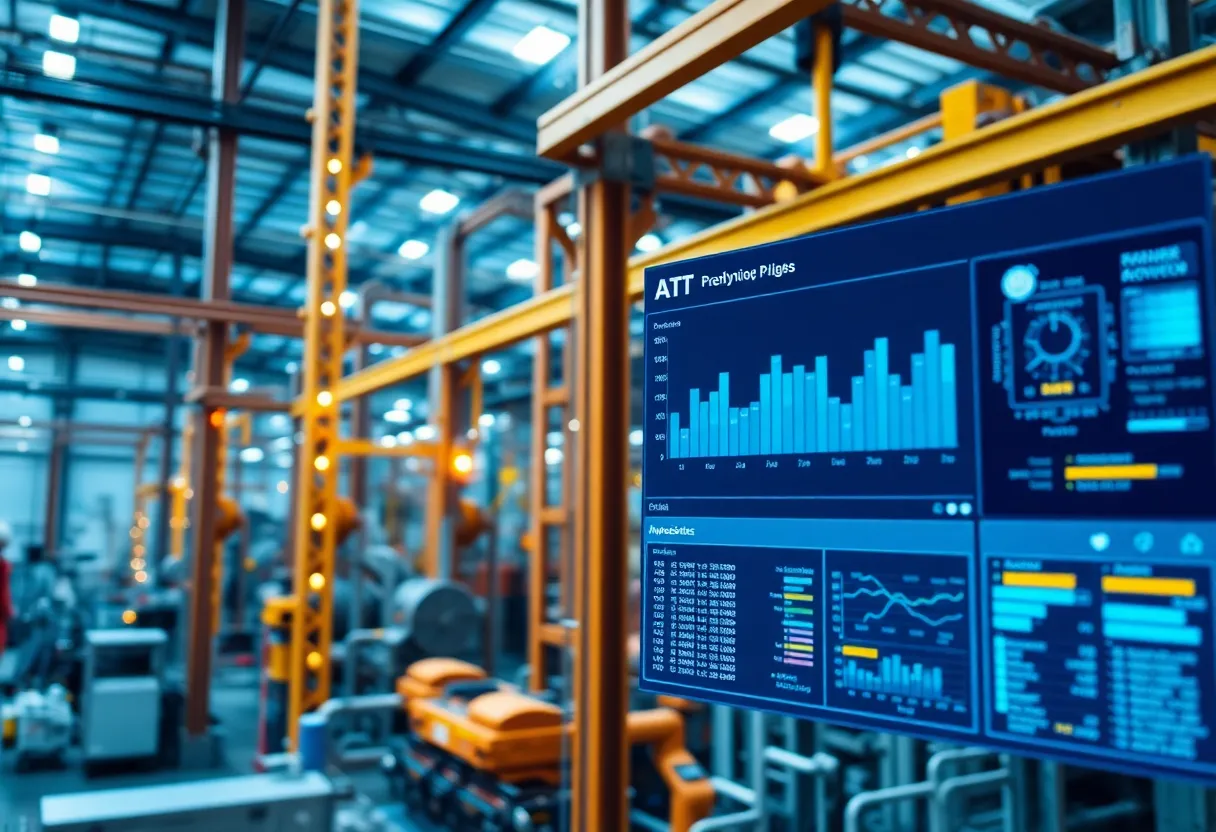 Industrial factory with IoT sensors and monitoring dashboard showing data streams used in digital twin implementations