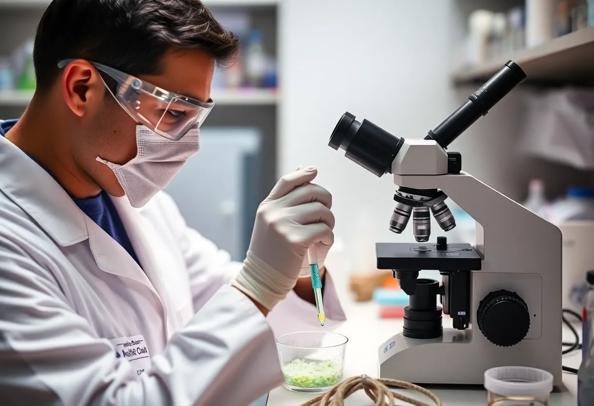 Biotechnology researcher working with cell cultures and fluorescence microscopy in a laboratory