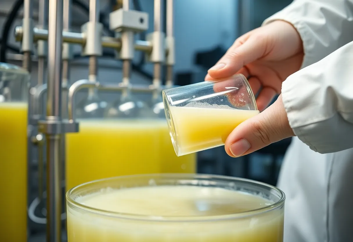 Industrial fermentation vats where engineered microorganisms produce valuable compounds