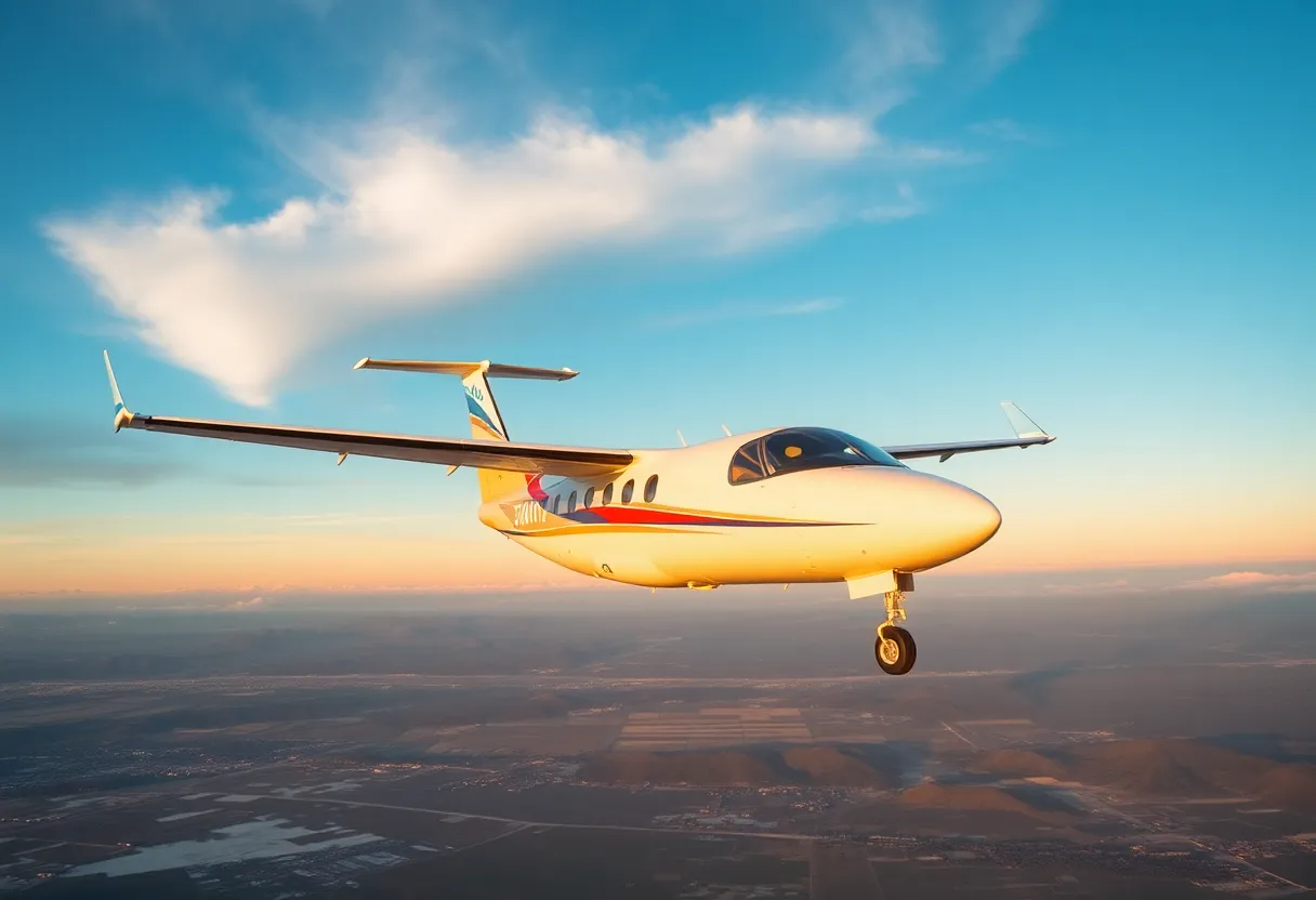 Regional hybrid-electric aircraft in clean flight over landscape
