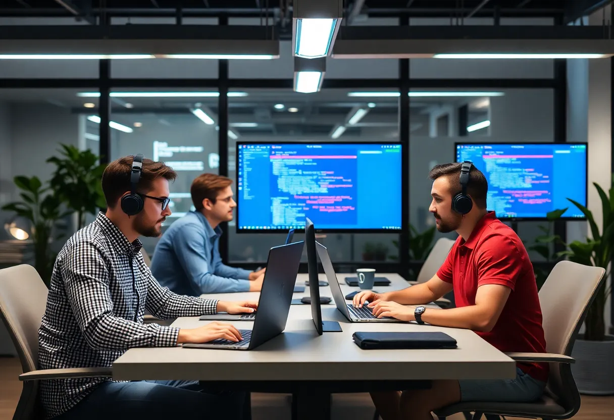 Software developers collaborating in a hybrid remote and office environment