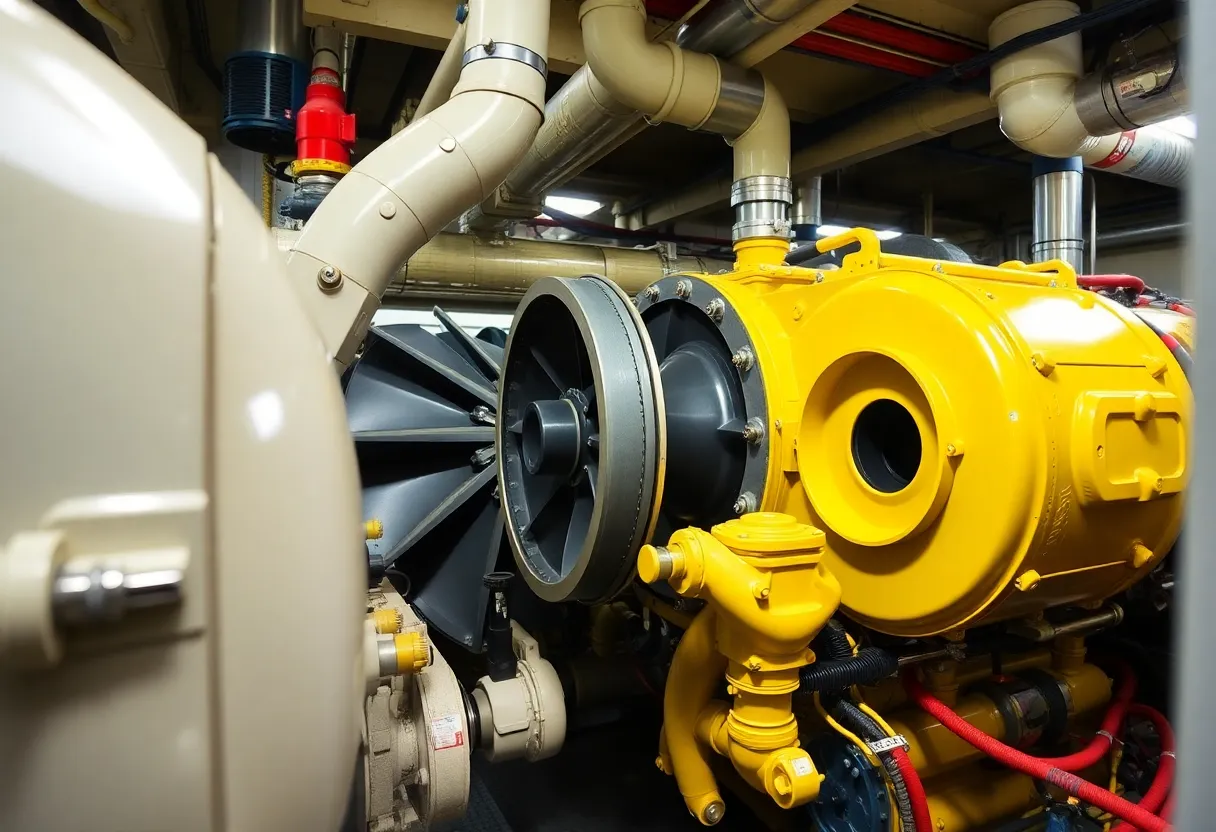Ship engine room with massive two-stroke diesel maritime propulsion machinery
