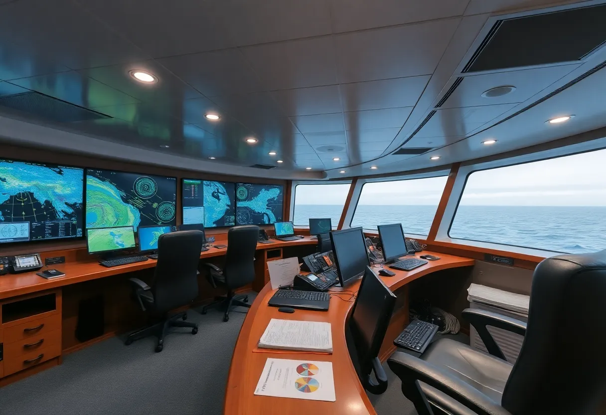 Ship navigation bridge with electronic chart displays, radar, and control systems