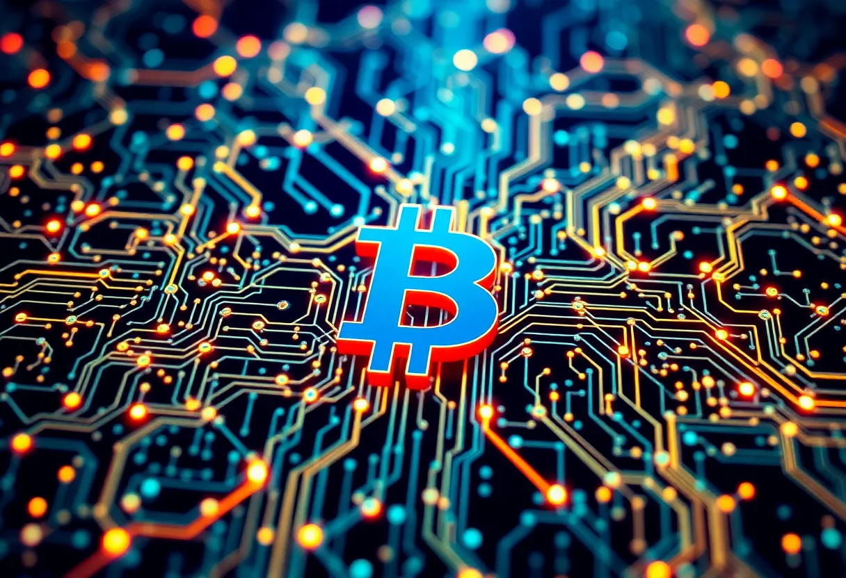 Blockchain network visualization showing distributed nodes and cryptographic connections