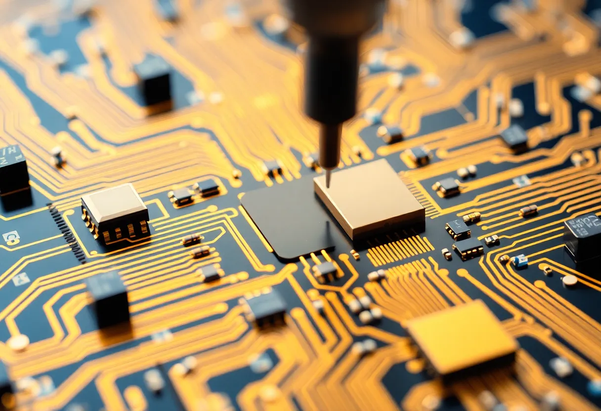 Silicon wafer with nanometer-scale transistor patterns under electron microscope inspection