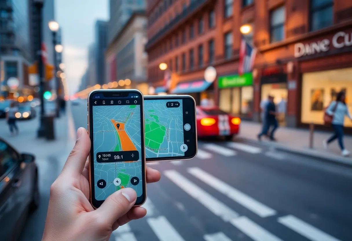 Smartphone GPS navigation displaying precise street-level map location